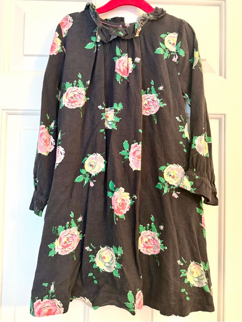 Mini Boden Black Floral Dress with Pink and Green Roses